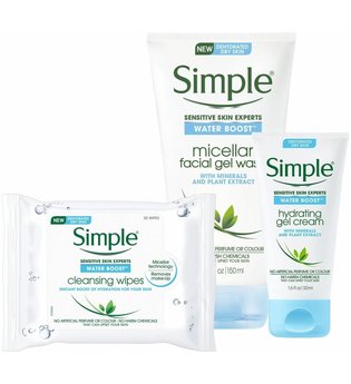 Simple Water Boost Bundle of Micellar Cleansing Wipes x 25, Gel Wash x 150ml & Hydrating Gel Cream x 50ml