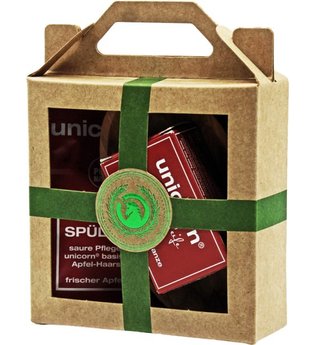 Unicorn Geschenk-Set mini-Apfel Haarseife 16g + sauer Spülung 10ml + Olivenholzschale klein grün Haarpflegeset