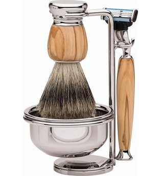 Erbe Shaving Shop Premium Design MILANO Dachshaar & Mach3 Olivenholz Rasiergarnitur mit Seifenschale